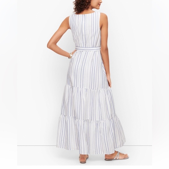 Talbots Tiered Linen Maxi Dress With Light Blue Stripes - Picture 4 of 14